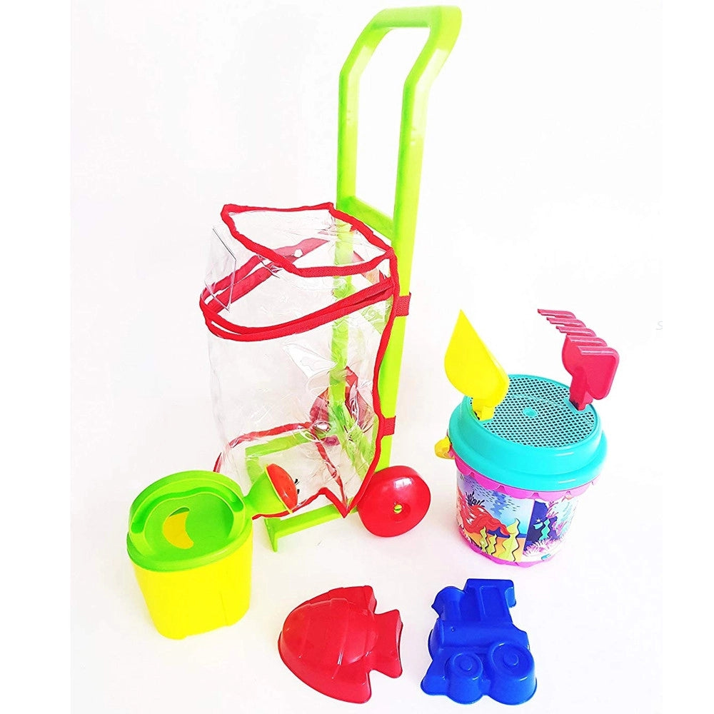 Trade Shop - Set 8pz Carrello Con Secchiello Paletta Rastrello Formine Sabbia Gioco Spiaggia Mare Bambini -