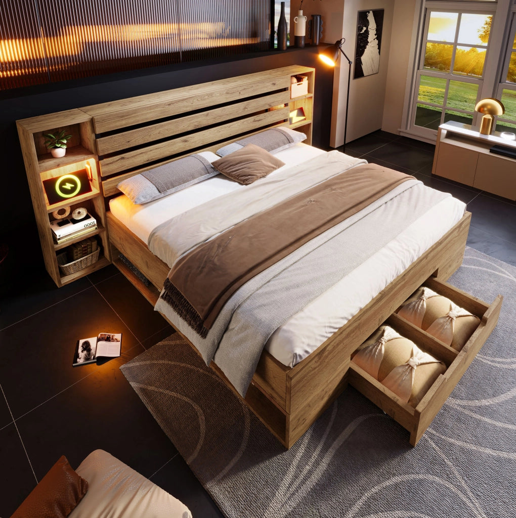 Letto matrimoniale con contenitore, luci LED e porte USB/Type-C, quercia, 160 x 200 cm