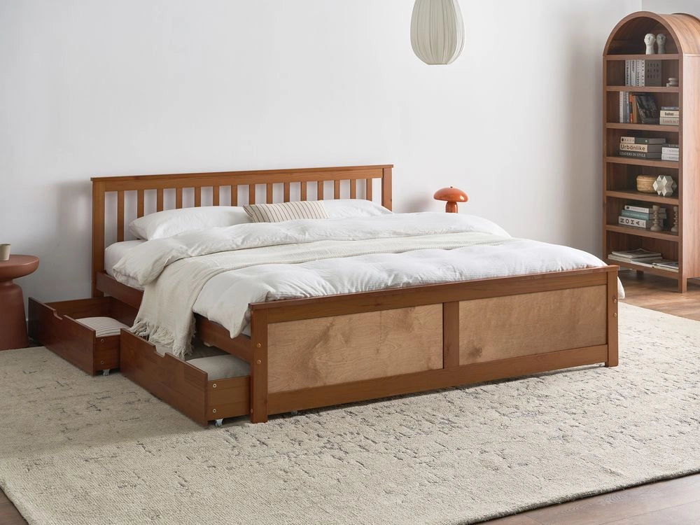 Letto matrimoniale in legno di Pino marrone con contenitore e 2 cassetti 180 x 200 cm Testiera a doghe minimalista