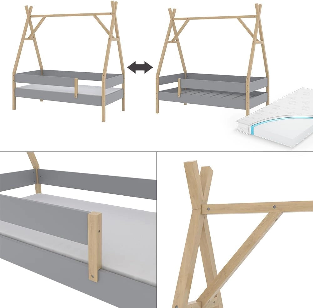 Letto Tipi Bali, Grigio, 80x160 cm con materasso, con ruote per un utilizzo flessibile sotto i letti a soppalco