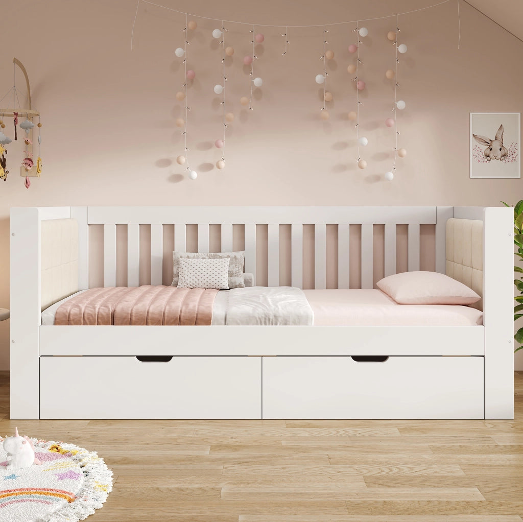 Tagesbett in legno con 2 cassetti e sponda laterale, bianco, 90 x 200 cm