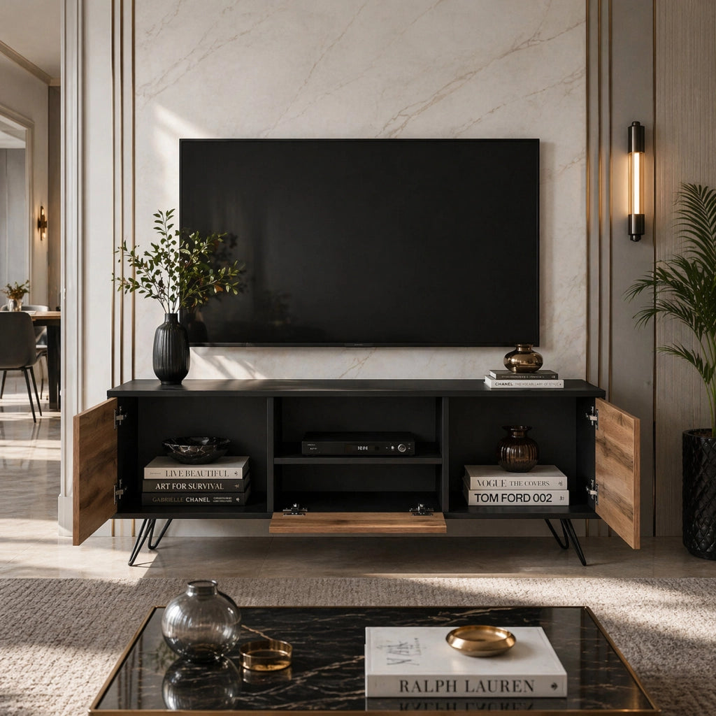 Mobile TV Con 2 Ante Battenti Anta A Ribalta E Vano A Giorno Design Minimal Moderno Per Soggiorno Salotto Sala Da Pranzo E Zona Living 137 x 52 x 33 cm Nero E Rovere