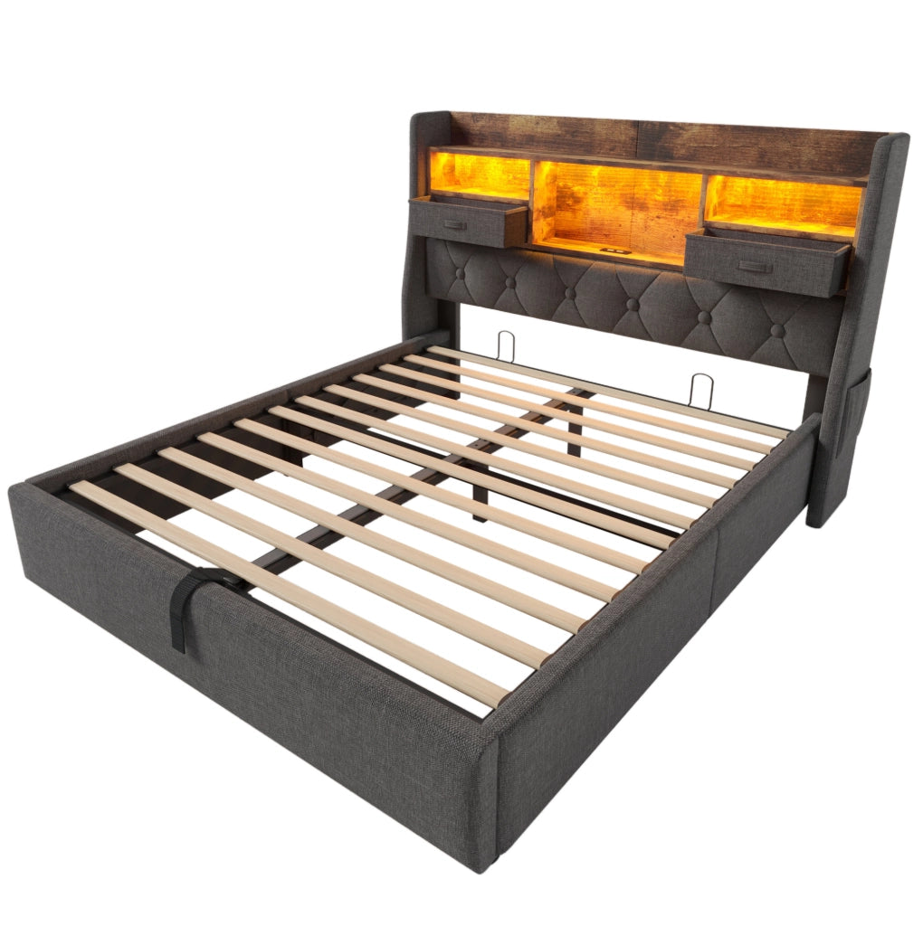 Letto contenitore 140x190 cm con LED, testiera con ricarica USB/Type-C e rete