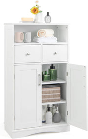 Armadietto da Bagno in MDF con Ripiani Regolabili, Mobiletto da Terra con 2 Ante e 2 Cassetti, Armadio Multifunzionale per Bagno, Soggiorno, Cucina, Bianco 60 x 30 x 108 cm (Bianco)
