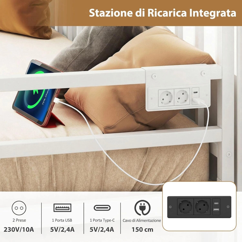 Letto Estraibile, Divano Letto Singolo con Luci LED e Stazione di Ricarica, Lettino Matrimoniale con Struttura in Metallo, 2 Pz 90x200 cm, per Soggiorno e Camera da Letto (Bianco)