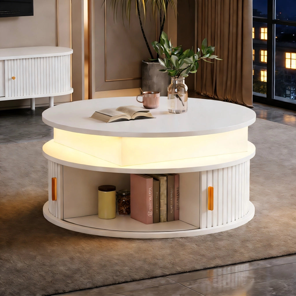 Tavolino da caffè rotondo bianco 75 cm regolabile in altezza con LED e vano contenitore
