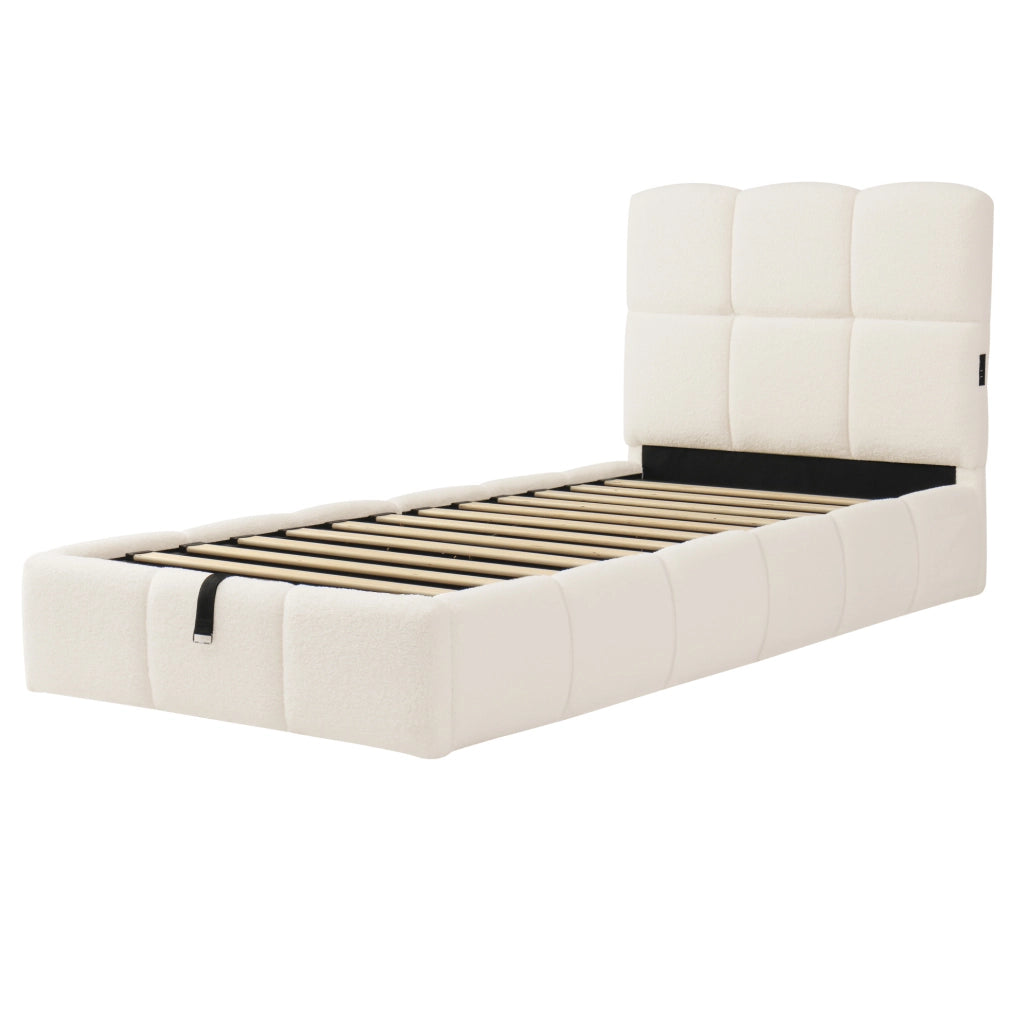 Letto imbottito singolo 90x200 cm con contenitore idraulico; rete a doghe e USB Type-C bouclé beige