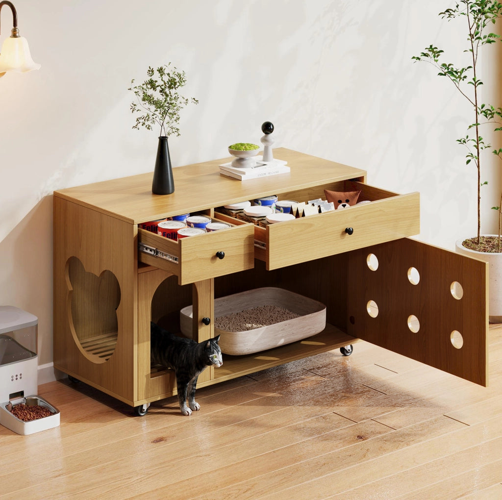 Mobile copri lettiera per gatti con cassetti e vassoio raccogli-sabbia, 100x45x66 cm, colore naturale