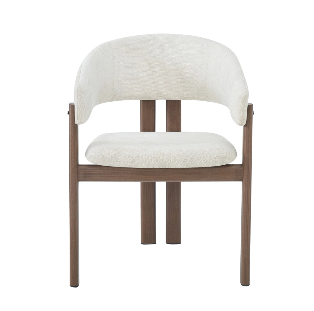 Set di 4 sedie con braccioli in lino beige e struttura effetto noce