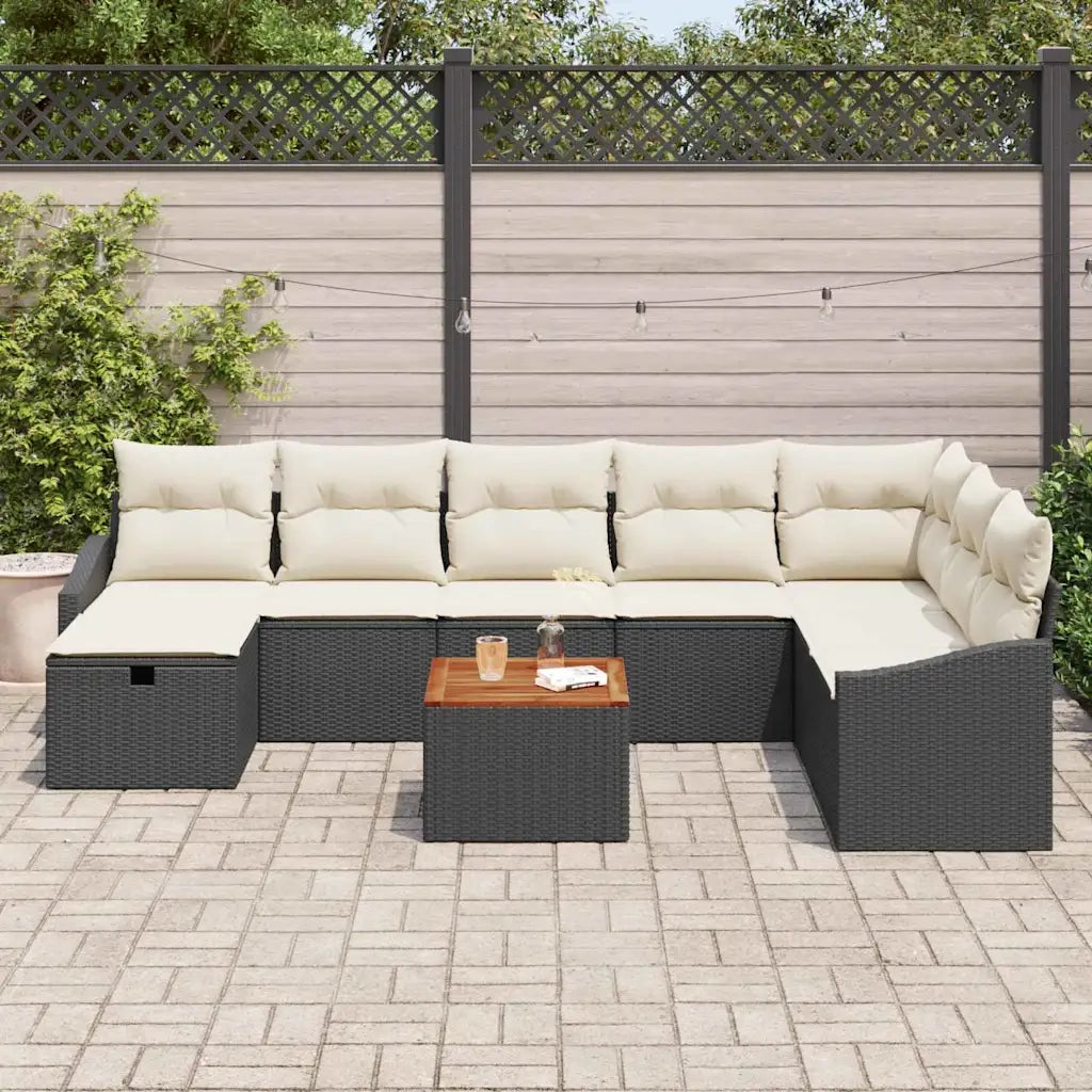 Set Divano da Giardino con cuscino 9 pcs Nero Poly Rattan
