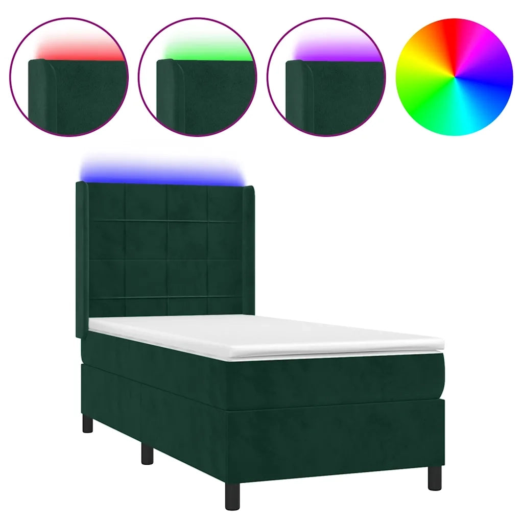Letto a Molle con Materasso e LED Verde Scuro 100x200cm Velluto 3139550