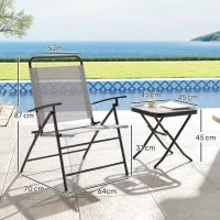 Set da Giardino con Tavolo con Piano in Vetro e 2 Sedie Pieghevoli con Schienale Regolabile, Grigio