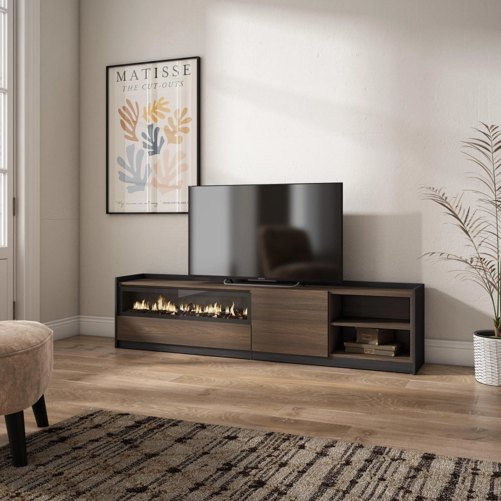 Mobile TV Soggiorno, 207x50x37 cm, Per TV fino a 80", Camino elettrico, Rovere scuro e Nero