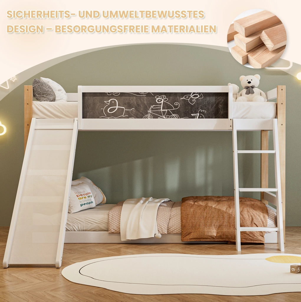 Letto a castello per bambini con scivolo; scala e lavagna; in legno; bianco