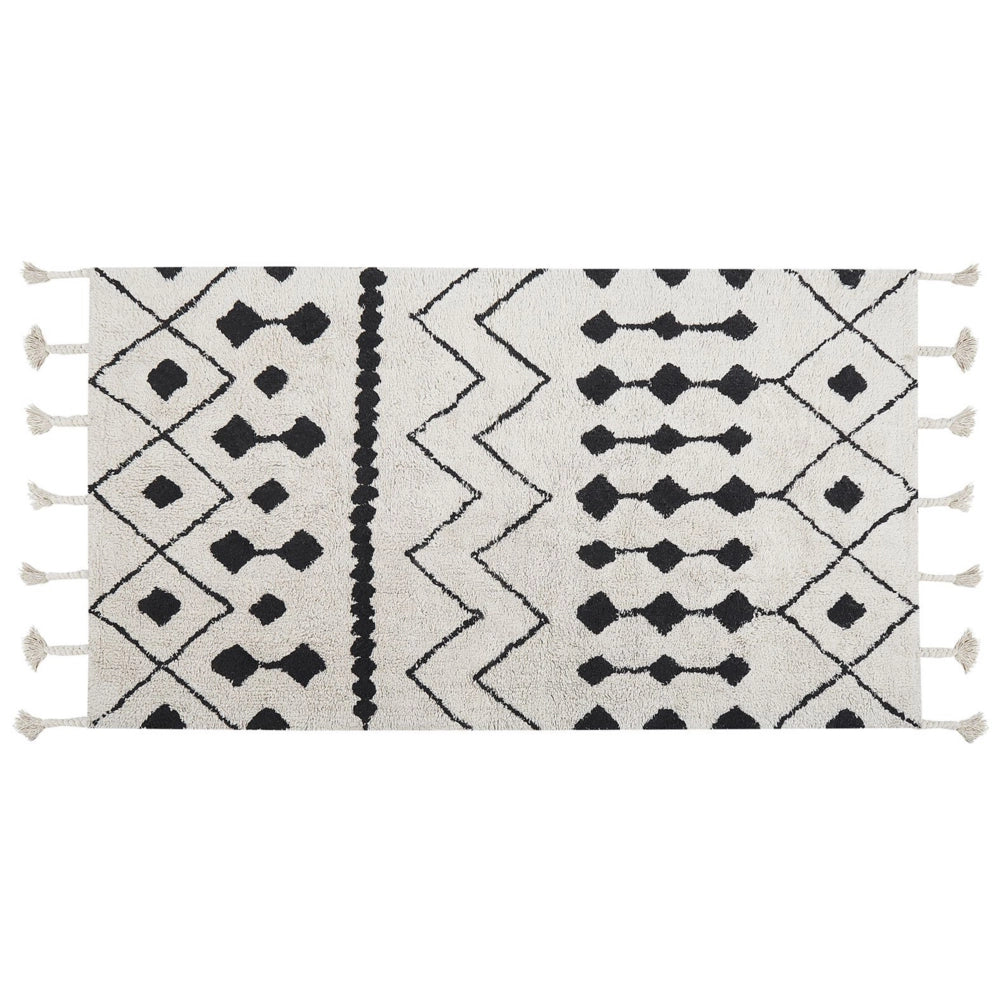 Tappeto cotone bianco sporco e nero 80 x 150 cm motivo geometrico nappe moderno orientale nappe