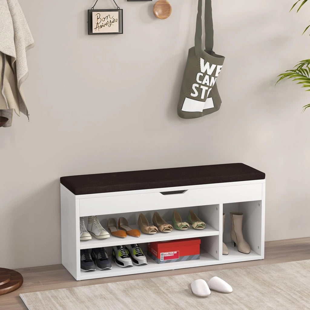 Scarpiera Panca con Cuscino, Scarpiera da Ingresso Salvaspazio, Panca Contenitore per Ingresso Corridoio, 104x30x48 cm, Carico 150 kg (Bianco)