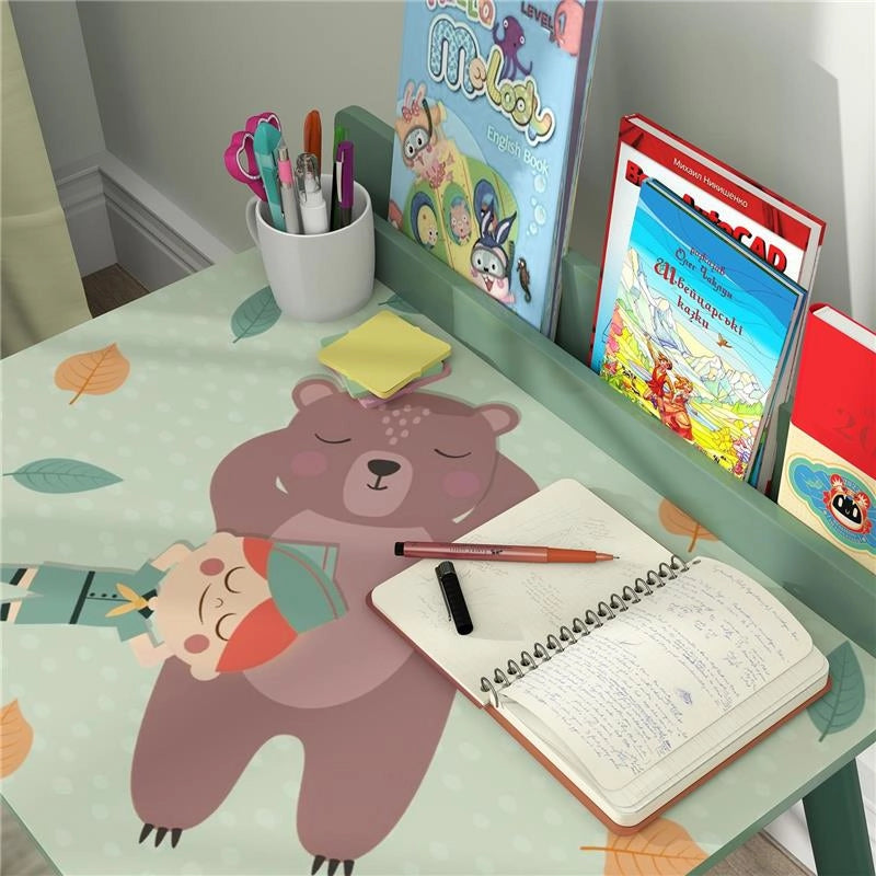 SET SEDIA E TAVOLINO PER BAMBINI CON RIPIANO PORTAOGGETTI IN MDF E LEGNO DI PINO VERDE