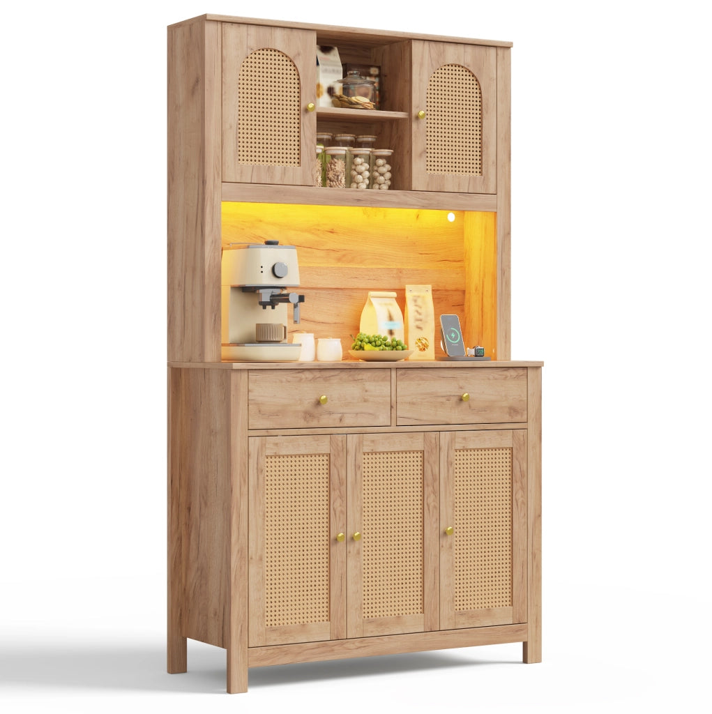 Credenza cucina alta 100x40x180 cm in MDF naturale con LED; prese e 2 cassetti