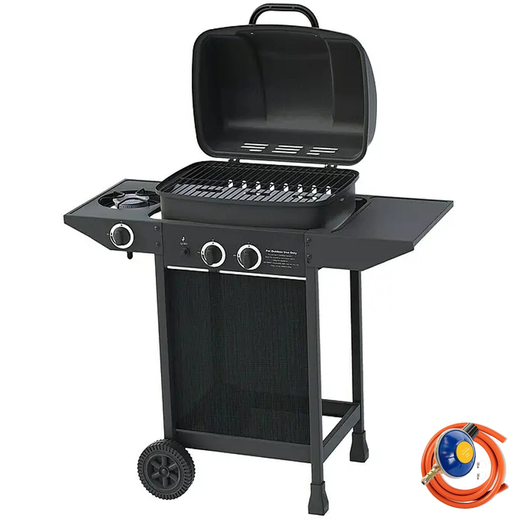 Barbecue a gas 2 Fuochi Bruciatori e fornellino laterale con ruote e Griglia Acciaio