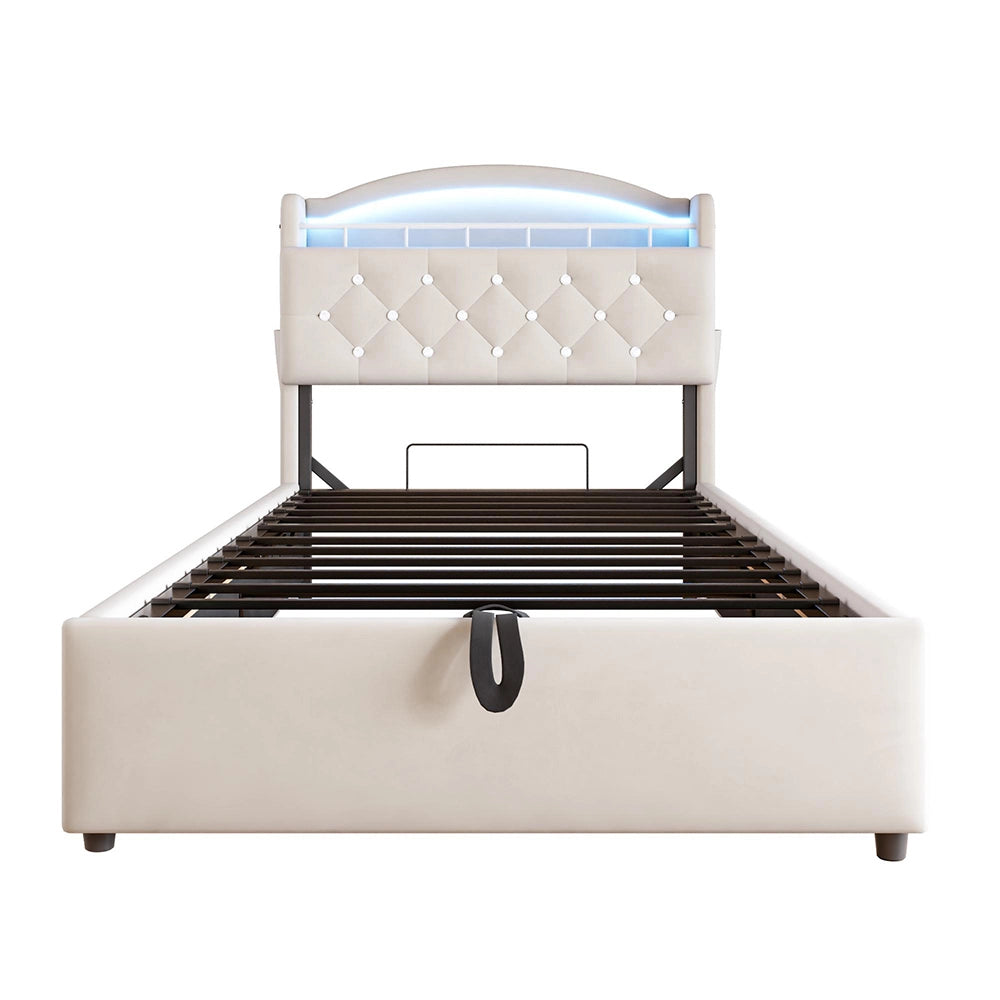 Letto bambino-Xylo-90x200 cm-LED, USB, spazio idraulico, velluto beige