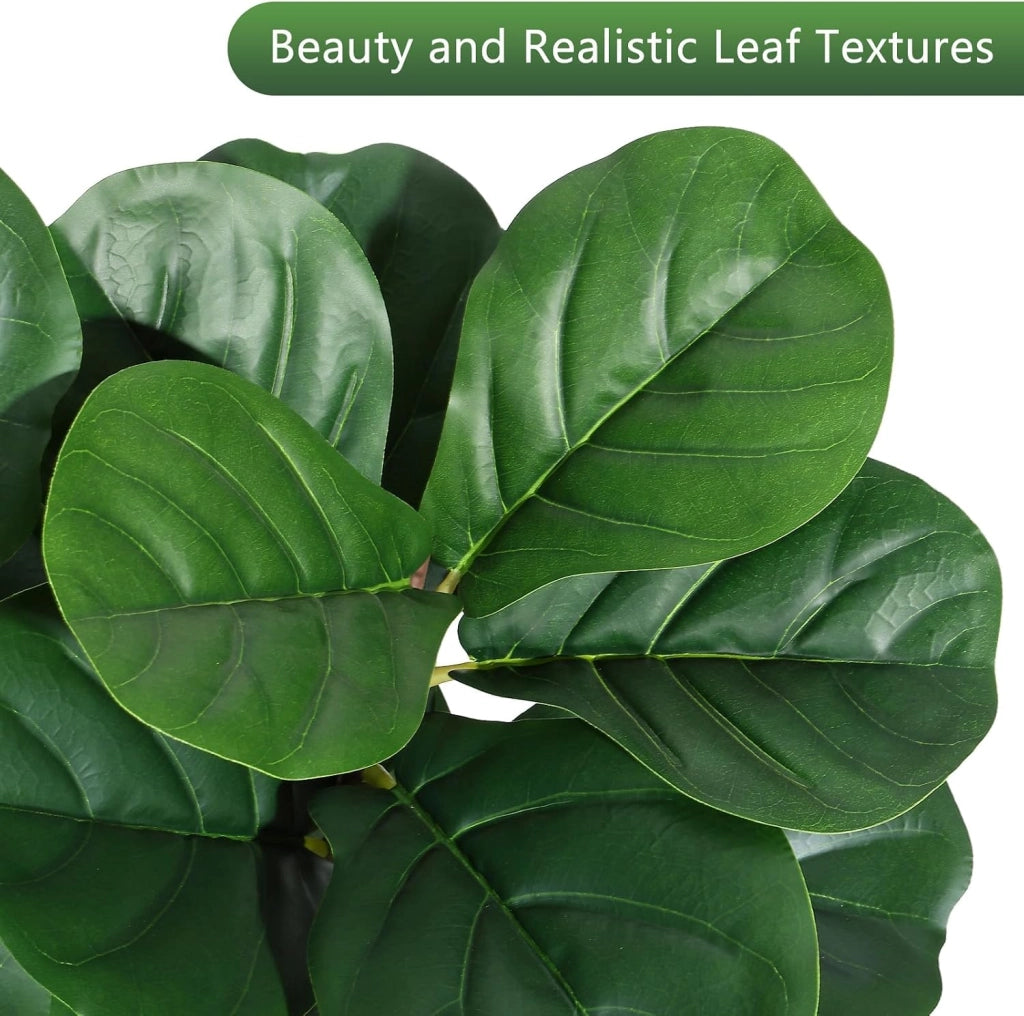 Ficus Lyrata Artificiale 120 cm con Foglie Nervate Vaso Nero e Ciottoli Bianchi