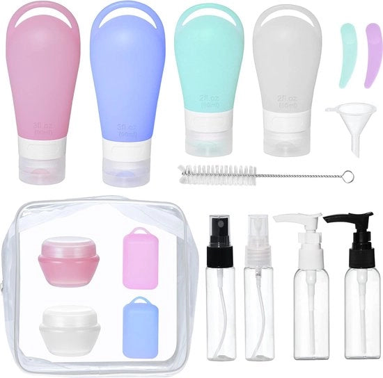 Set di contenitori in silicone per viaggio, 16 pezzi, contenitori in silicone per viaggio TSA certificati, impermeabili per shampoo, balsamo, condizionatore, gel doccia, ecc.