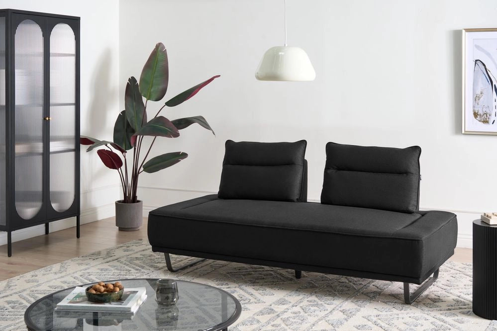 Divano a 3 posti in tessuto Divano nero Gambe in ferro Tessuto intrecciato Schienale regolabile Moderno