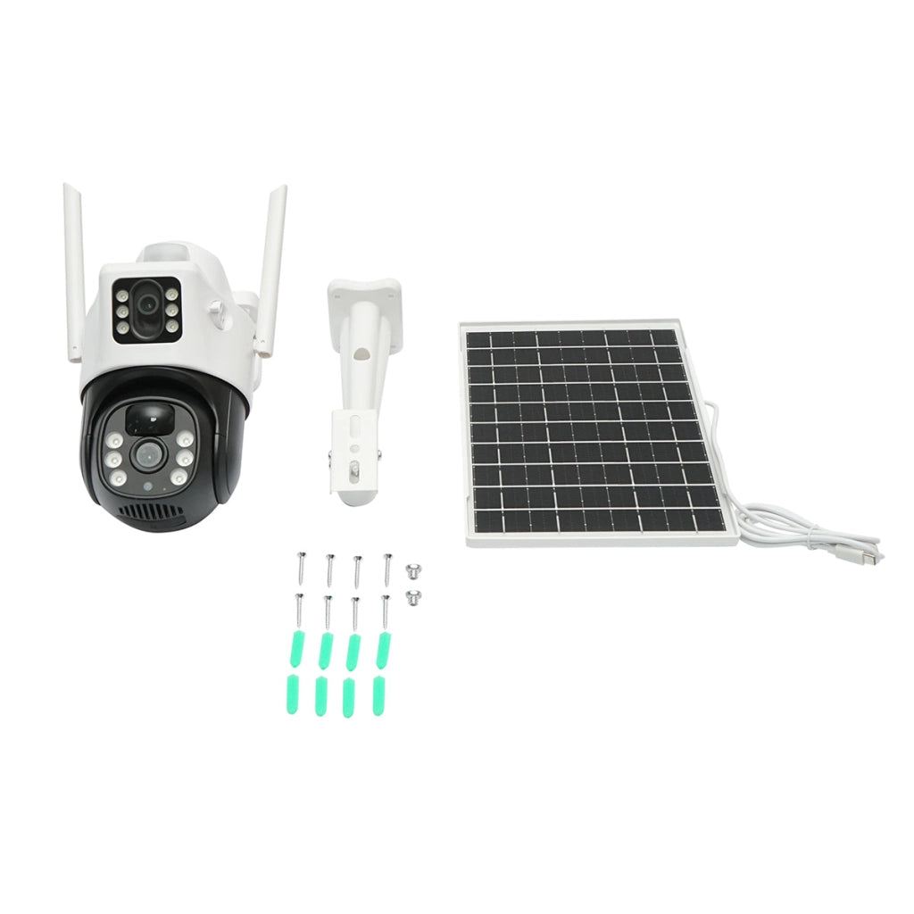 Telecamera di videosorveglianza 2x2MP con doppio obiettivo, WIFI rotante con pannello solare da 7W, PTZ, 1080P, sensore di movimento, visione notturna, applicazione V380 Pro
