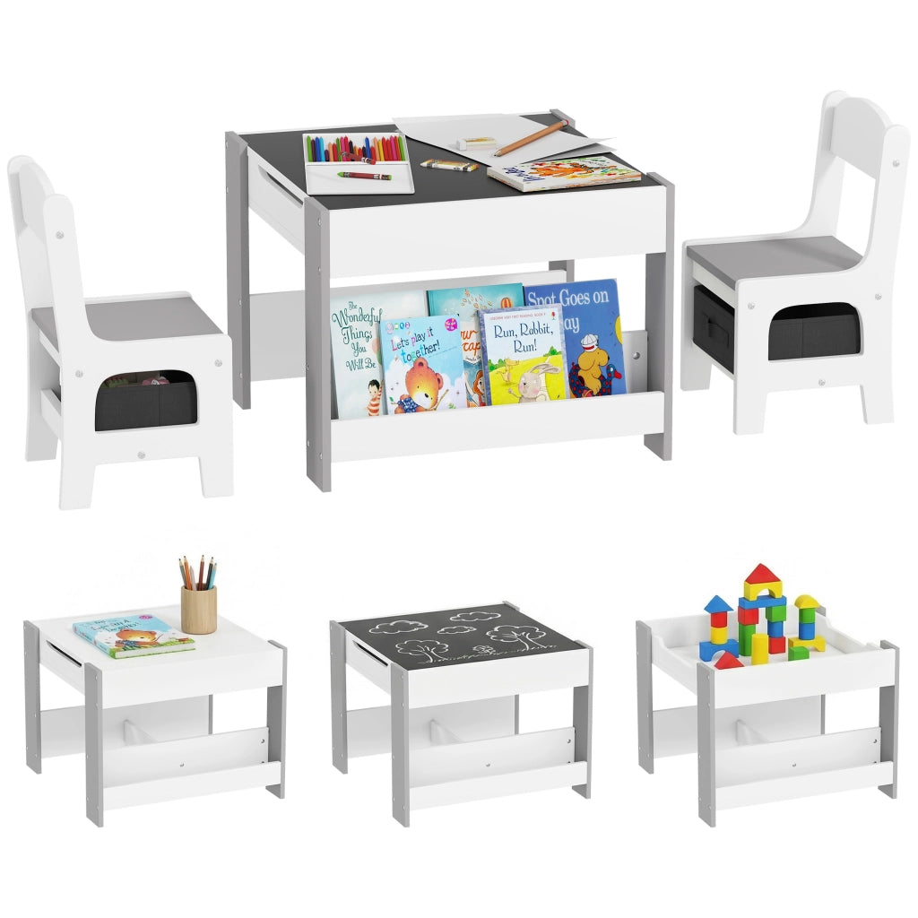 Set tavolo e sedie bambini con piano lavagna, scaffale e cestino ¨C zephmum ¨C Bianco