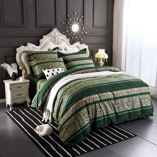 Beddengoed Donkergroen 200x200 cm Bohemian Boho Indiaas Omkeerbaar Vintage Dekbedovertrek con 2 Kussenslopen 80x80 cm con Cerniera e 2 Slitta per Cuscino