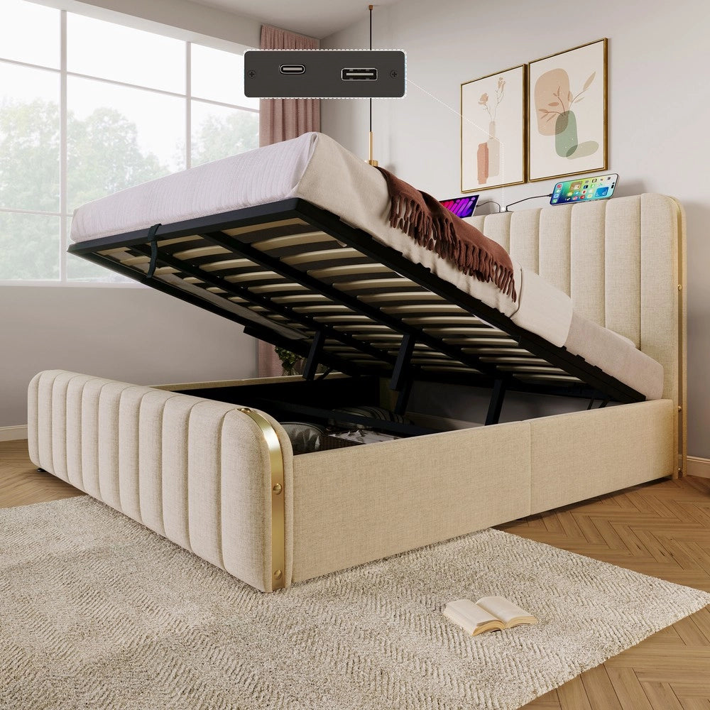 Letto Contenitore Matrimoniale Imbottito con Materasso ¨C Xylo ¨C Beige, Idraulico, Testiera LED USB, 180x200