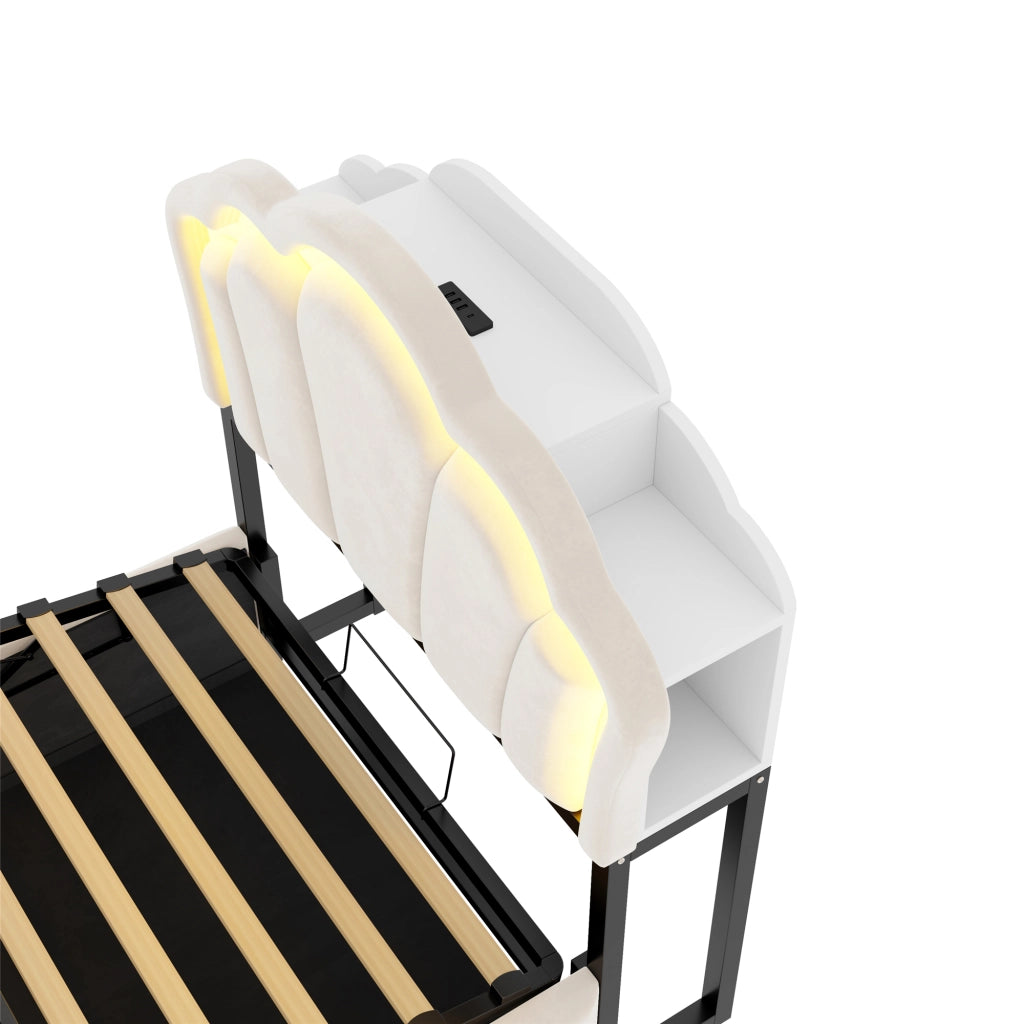 LETTO imbottito 90x200 cm in velluto beige con contenitore idraulico, LED e prese