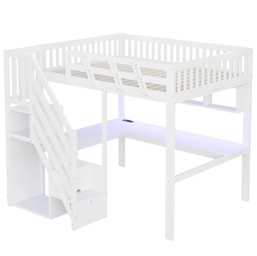 Letto a soppalco 140x200 cm con scrivania; scala contenitore; LED e prese; bianco