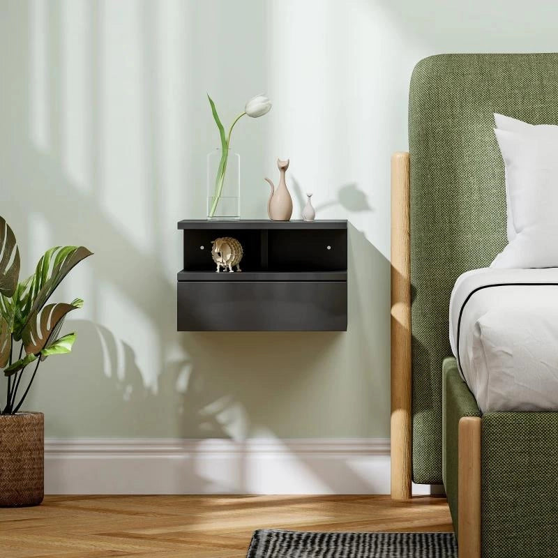 COMODINO SOSPESO PER CAMERA DA LETTO CON CASSETTO E RIPIANO APERTO IN LEGNO, 35X32X22.5 CM, NERO LUCIDO