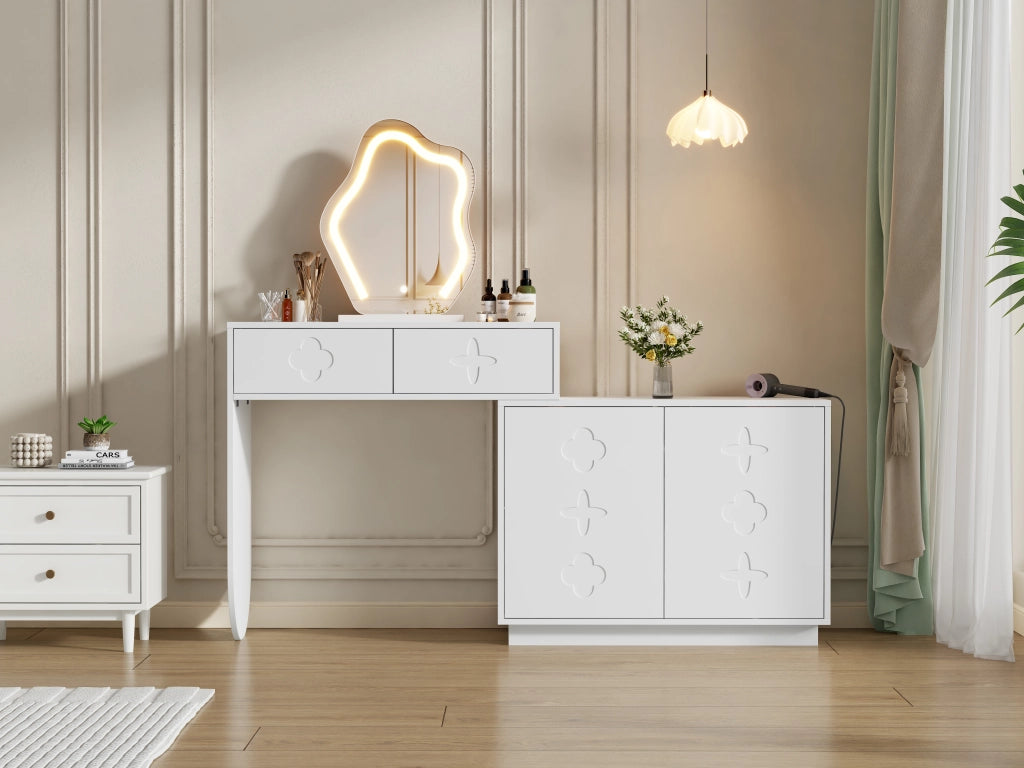 Tavolo da trucco con specchio LED, 2 cassetti e armadietto laterale con 4 scomparti, bianco, 160x40x132 cm