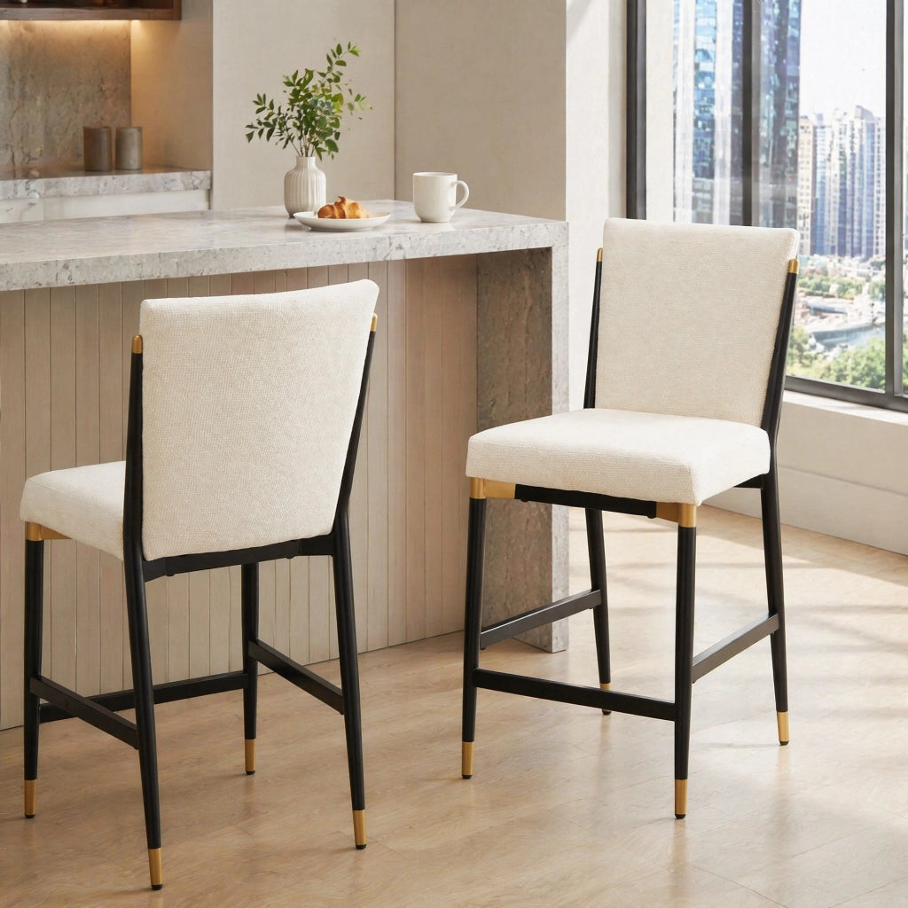 SGABELLO Set da 2 pezzi altezza bancone in tessuto beige con poggiapiedi rettangolare