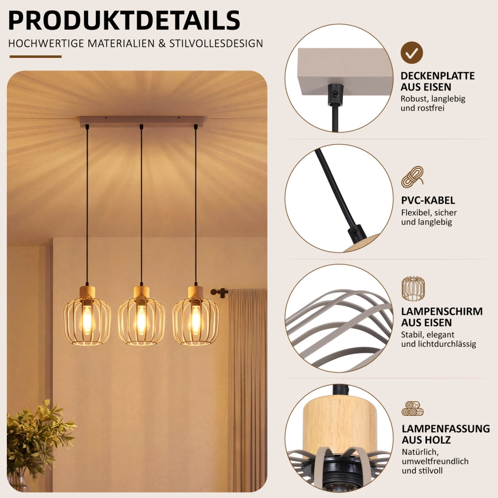 ZMH Lampada a Sospensione 3 Luci Grigio Legno E27 Moderna per Cucina Isola Soggiorno Camera Senza Lampadina