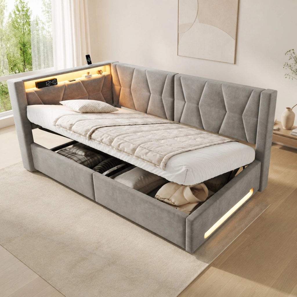 Letto Contenitore Letto Singolo 90x200 cm; USB; Type-C; LED; in Velluto; Grigio Scuro