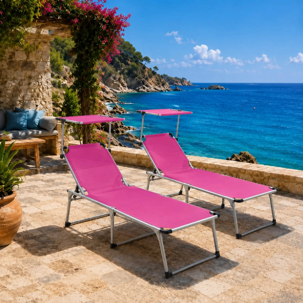 Prendisole Coppia Di Lettini Pieghevole Tettuccio Parasole Schienale Reclinabile Regolabile 6 Posizioni Struttura In Alluminio Sedia Sdraio Spiaggia Mare Giardino Piscina 187 x 59 x 29 Cm Rosa