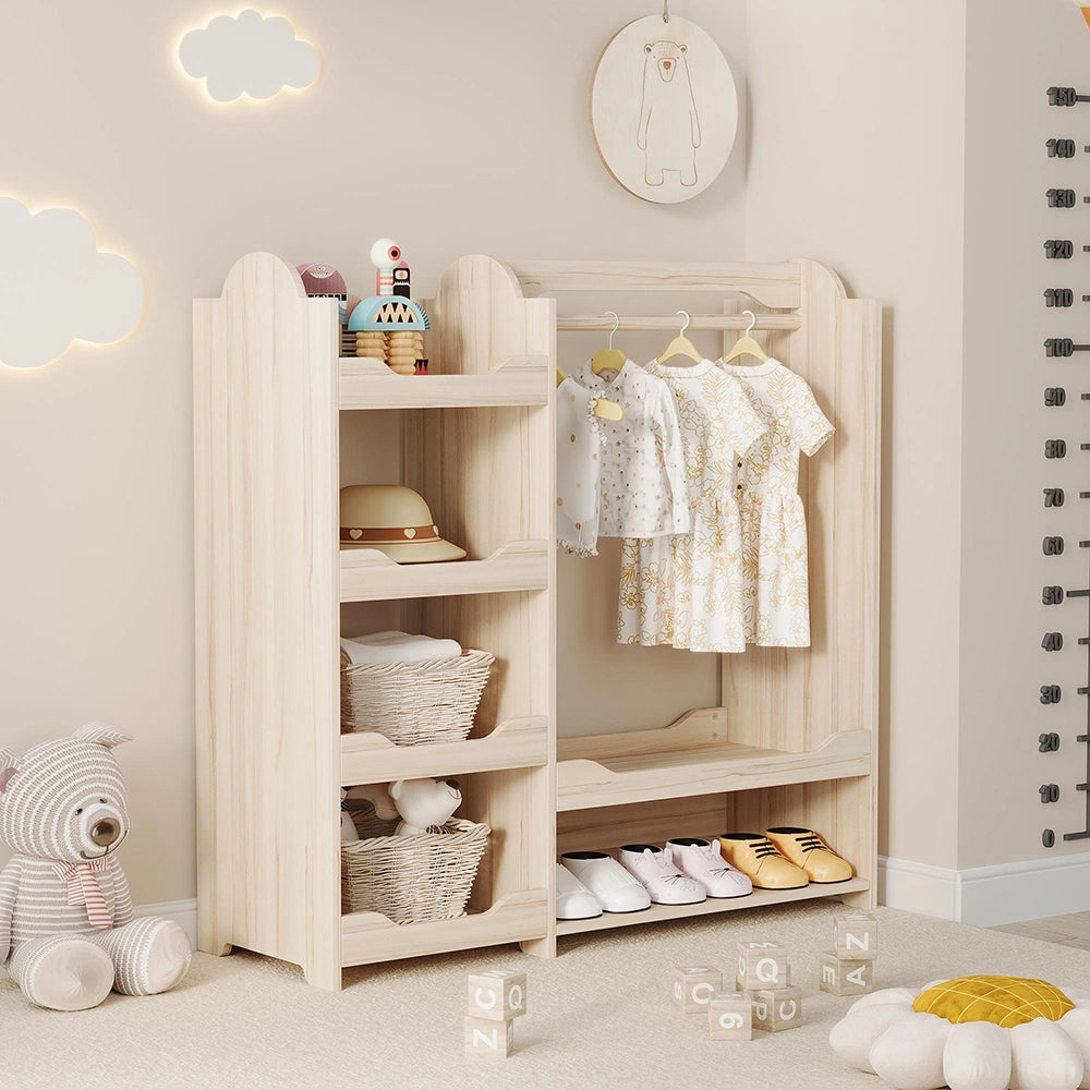 Armadio guardaroba bambino 110x39x110 cm - Xylo - in legno naturale, con appendiabiti e 4 ripiani