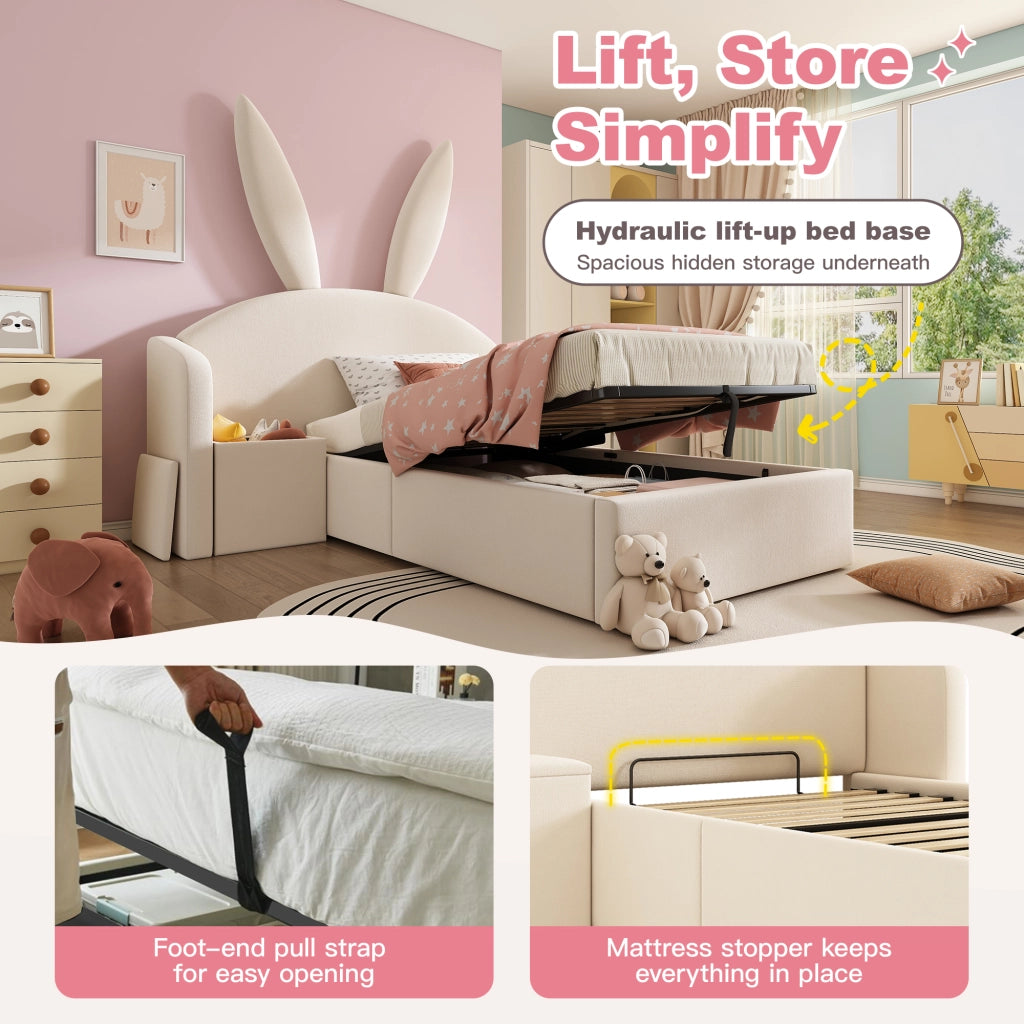 Letto per bambini 90 × 190 cm con testiera a orecchie di coniglio, contenitore idraulico e comodino, senza materasso, beige