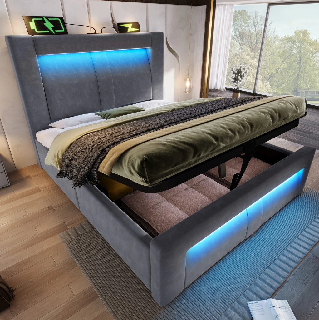 Letto singolo 90x200 cm con contenitore, LED, USB-C e materasso