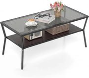 Tavolino da Caffè a 2 Livelli, Tavolino Rettangolare con Piano in Vetro Temperato e Struttura in Metallo, Tavolo Moderno con Ripiano per Soggiorno e Ufficio, 106,5 X 50,5X 46,5 CM