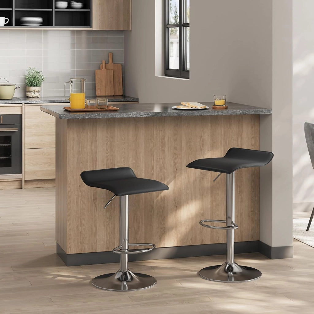 Sgabello da Cucina, Sgabello da Bar Colazione Regolabile in Altezza Girevole a 360°, per Bar, Cucina, Banco, Caffè, PVC+Metallo, con Poggiapiedi, Nero+Argento