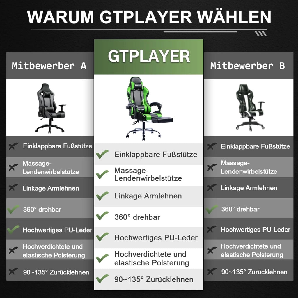 Sedia da ufficio, da gaming, da gaming, ergonomica, con poggiapiedi, poggiatesta, cuscino lombare, imbottito, sedia girevole verde