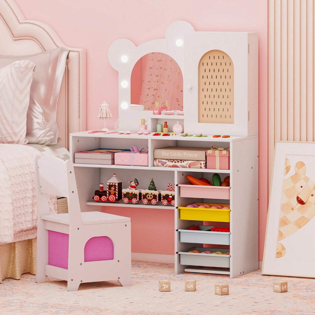 Set tavolo e sedia da principessa con 5 cassetti e 2 scomparti, Tavolo da trucco per bambini con luci Bianco-Toelette per bimbi