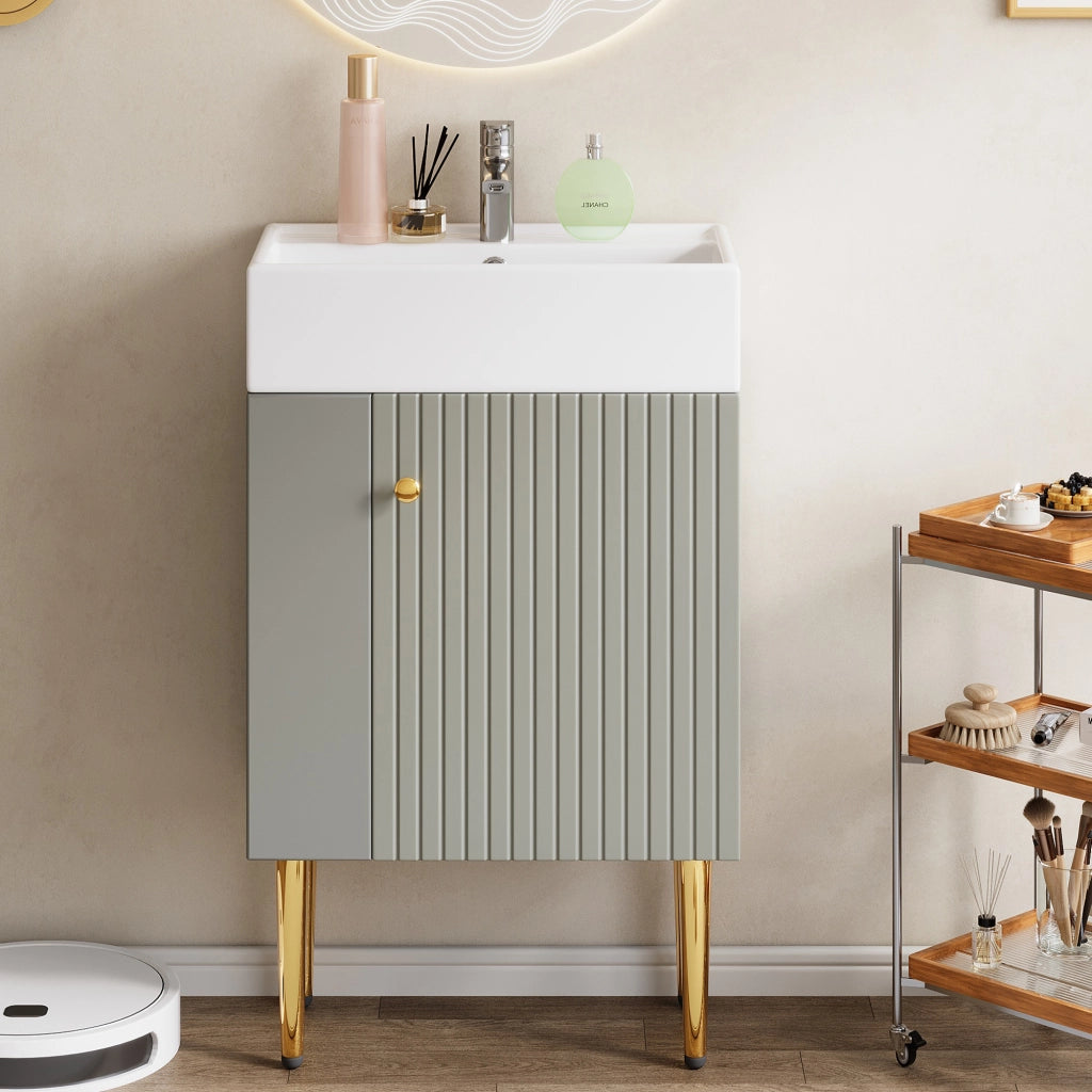 Mobile sotto lavabo da bagno con lavabo in ceramica; vani laterali; per bagno piccolo; grigio e bianco