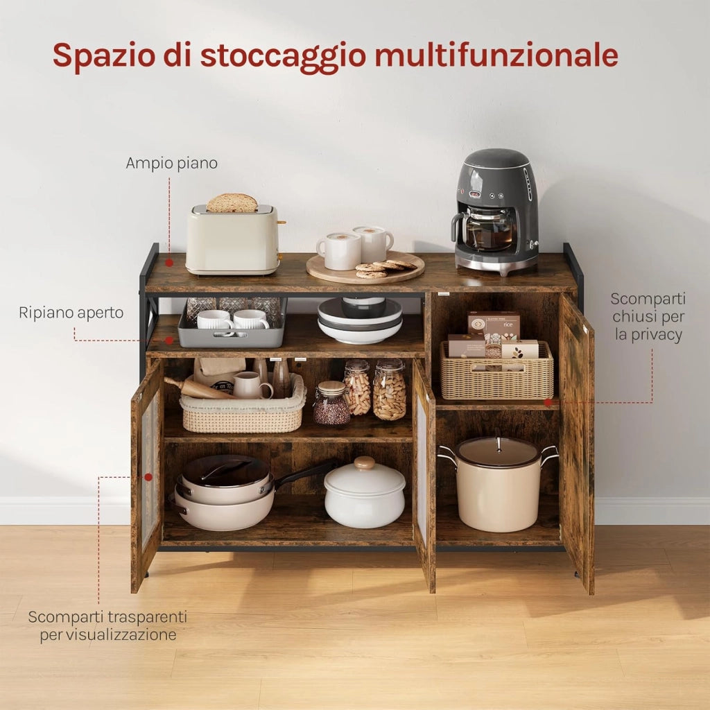 Credenza Cucina con 3 Ante, Mobile Buffet Salvaspazio con 2 Ripiani Regolabile, in Legno e Metallo, per Cucina, Soggiorno, Ingresso, 110x33x75 cm, Marrone Rustico