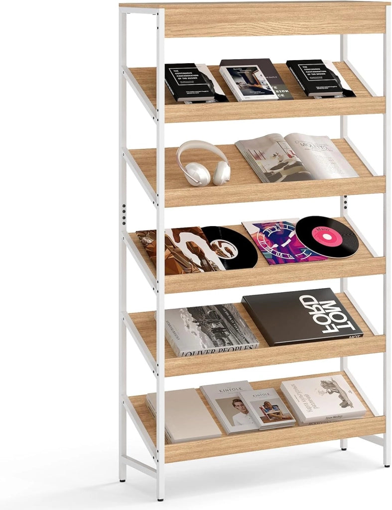 Libreria a 6 Ripiani, Scaffale Inclinato con Struttura Metallica, Porta Giornali Industriale in Legno, Organizer per Soggiorno Camera da Letto Studio, 90x30x161 cm (Marrone)