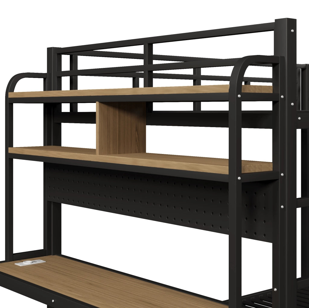 Letto a castello 140x200 cm in metallo e MDF; con scrivania; ripiani; LED e USB; nero